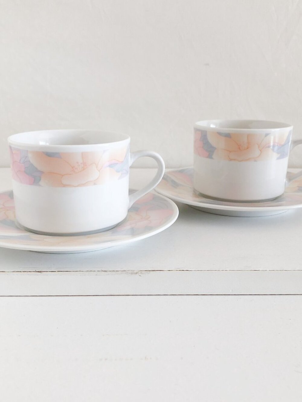 Vintage 90s China Pearl "Sara" Tea Cups & Saucers Pastel Floral Trim